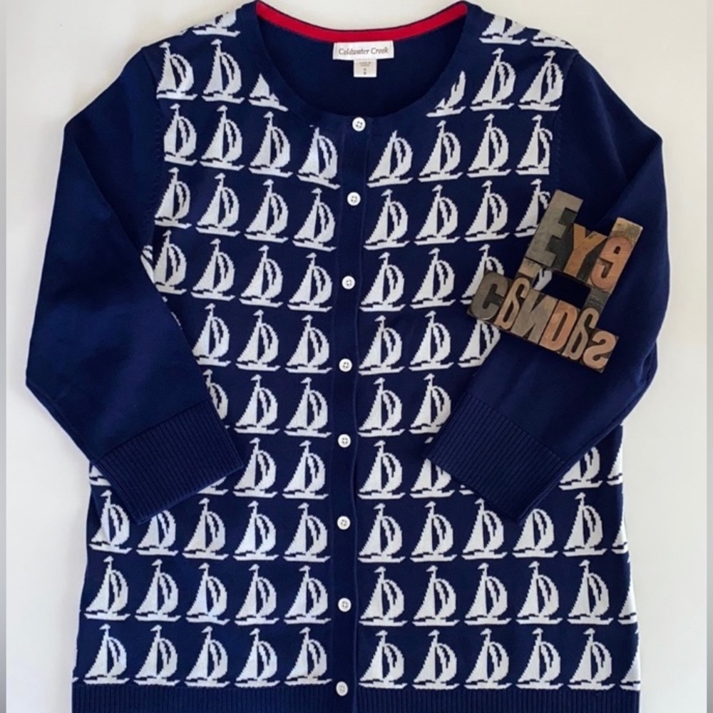 🆕COLDWATER CREEK Sailboat⛵️ Motif 3/4 Sleeve Cotton Sweater